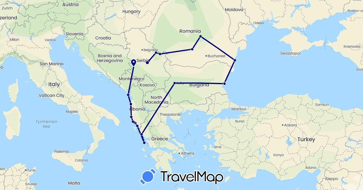 TravelMap itinerary: driving in Albania, Bulgaria, Greece, Montenegro, Romania, Serbia (Europe)